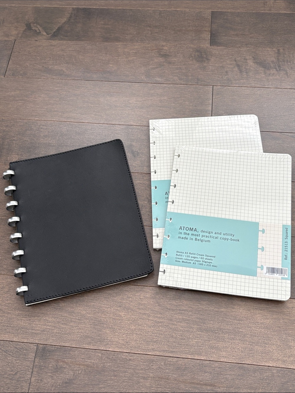 ATOMA Black Leather Disc-Bound Refillable Notebook, Designer Belgium Stationery